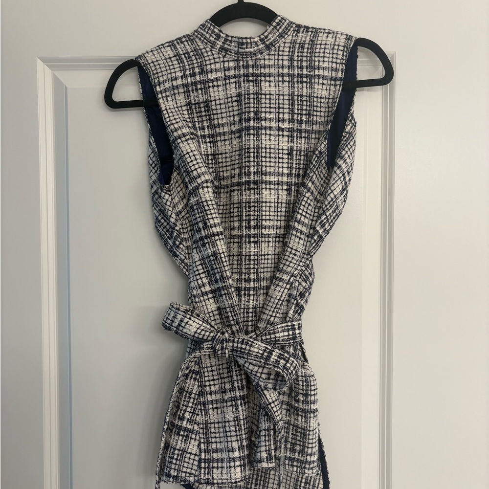 Elegant Blue and White Plaid Tweed Top